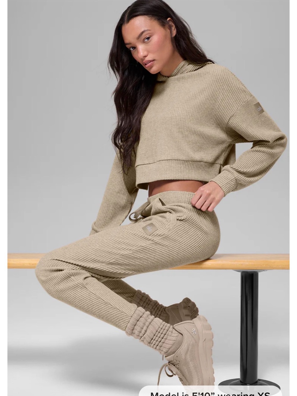 ALO MUSE SET !!! Ribbed Crop Hoodie & Jogger Set - Tan